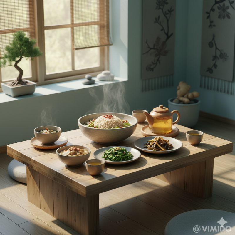 Bữa ăn dưỡng sinh theo Đông y, cân bằng âm dương giúp cơ thể khỏe mạnh và tinh thần an lạc.