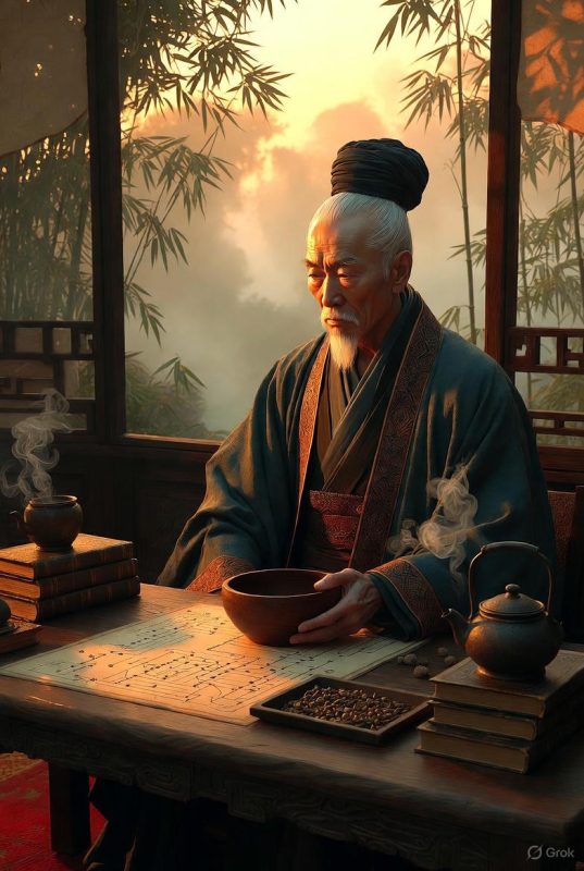 "Một danh y cổ xưa trong trang phục truyền thống Trung Hoa, ngồi bên bàn gỗ cũ, xung quanh là sách cổ, bình trà bốc khói, ánh sáng hoàng hôn chiếu qua cửa sổ giấy, không gian trầm lặng, tĩnh tại, gợi cảm giác minh triết và thiền tĩnh, bàn tay ông cầm y bát gỗ, trên bàn có bản đồ huyệt đạo và thảo dược, cảnh trí hài hòa với thiên nhiên xung quanh: tre, nắng nhẹ, sương mai, tông màu ấm, chi tiết tỉ mỉ, phong cách minh họa cổ phong Á Đông, giàu biểu tượng và cảm xúc, ánh sáng nhẹ nhàng chiếu sáng gương mặt trầm tư của danh y."