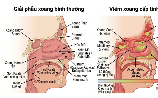 Sơ đồ y khoa mô tả cơ chế viêm xoang, bao gồm tình trạng viêm niêm mạc, tắc nghẽn lỗ thông xoang và ứ đọng dịch nhầy. Hình minh họa giúp người đọc hiểu rõ cách thảo dược trị viêm xoang hỗ trợ giảm viêm và cải thiện dẫn lưu xoan