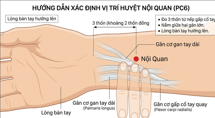 Sơ đồ minh họa chi tiết vị trí huyệt Nội Quan (PC6) trên cổ tay, cách đo 3 thốn từ nếp gấp cổ tay, nằm giữa gân cơ gan tay dài và gân cơ gấp cổ tay quay