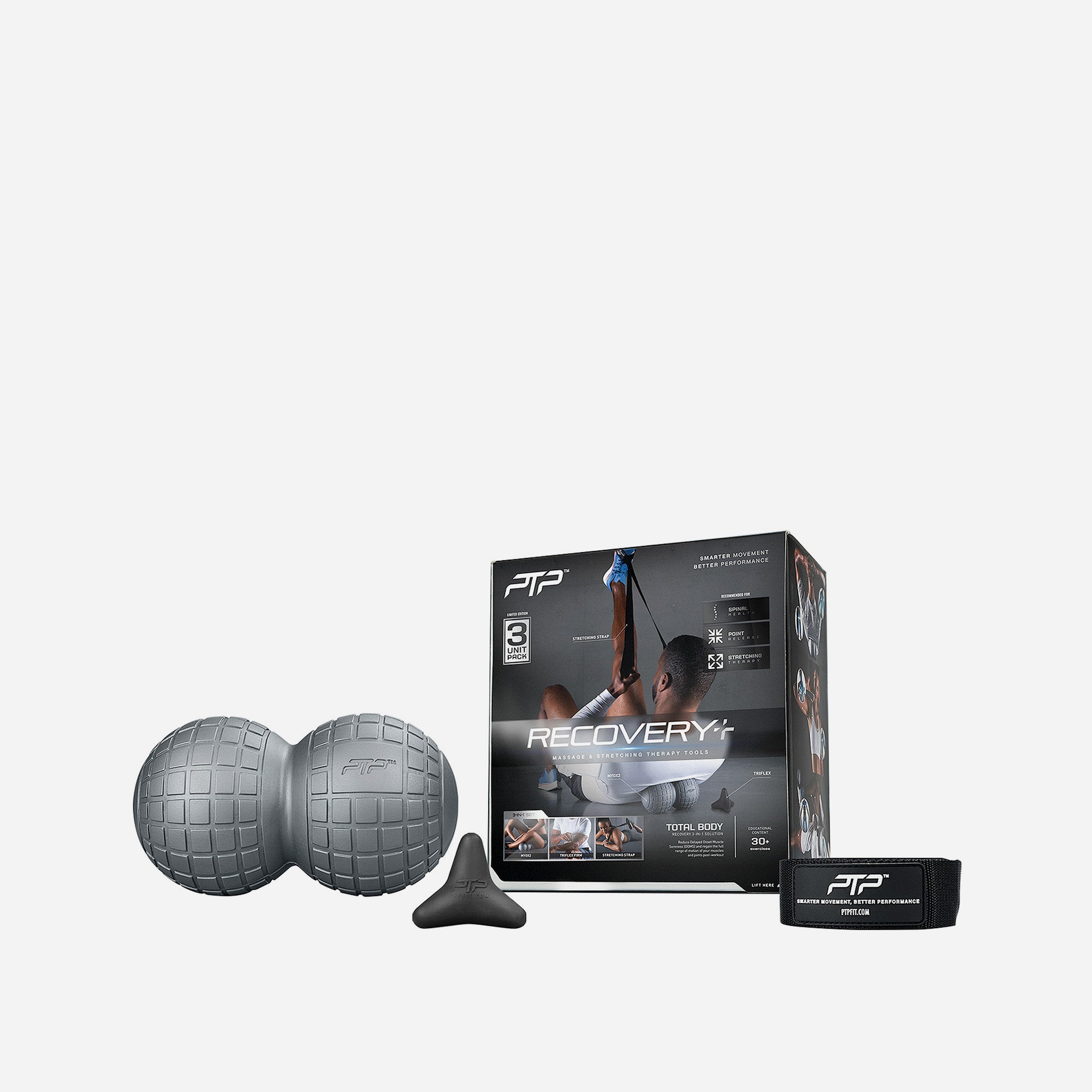 Bộ 3 Tập Giãn Cơ Và Mát Xa Ptp Recovery+ Pack (Gồm Bóng Xoay, Tam Giác Đàn Hồi, Dây Tập Đàn Hồi) - Xám